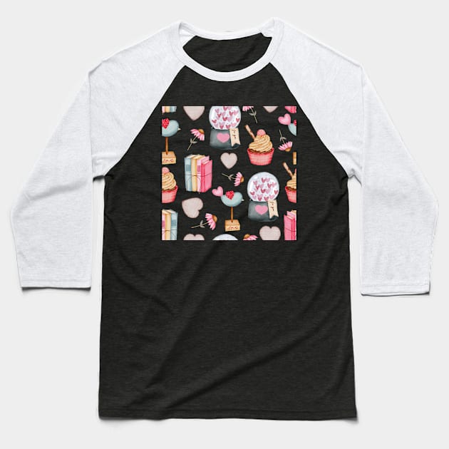 Cupcake And Book Pattern Baseball T-Shirt by Alexander S.